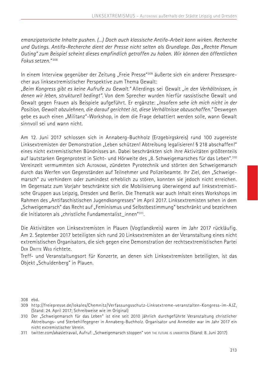 Seite 213 des Verfassungsschutzbericht 2017 Sachsen