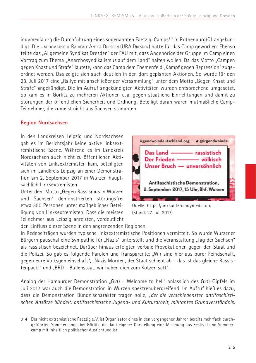 Seite 215 des Verfassungsschutzbericht 2017 Sachsen