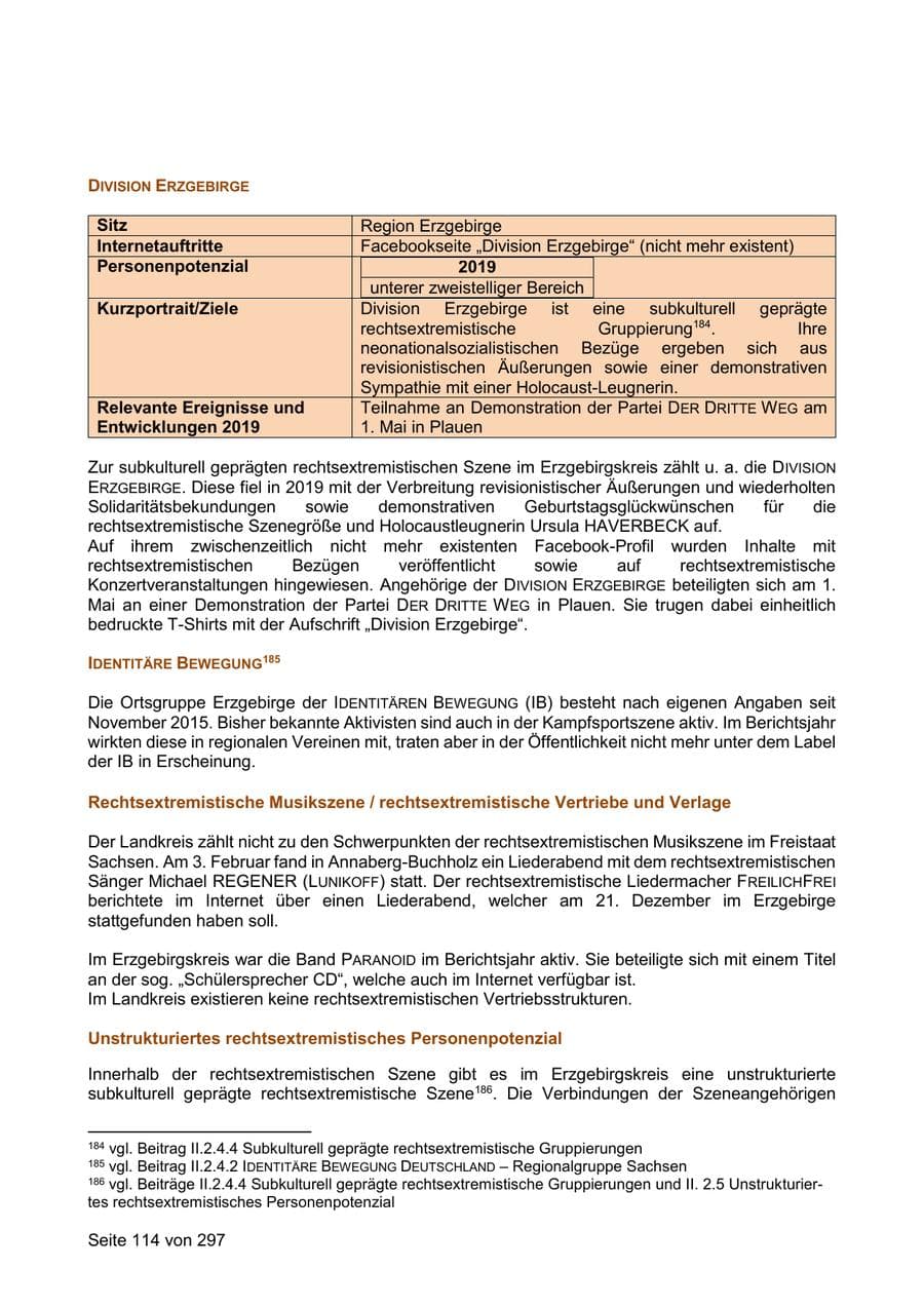Seite 114 des Verfassungsschutzbericht 2019 Sachsen