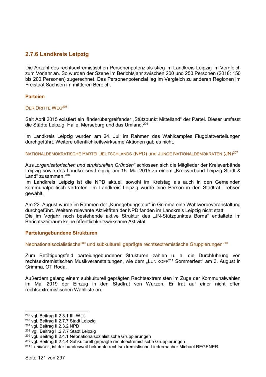 Seite 121 des Verfassungsschutzbericht 2019 Sachsen