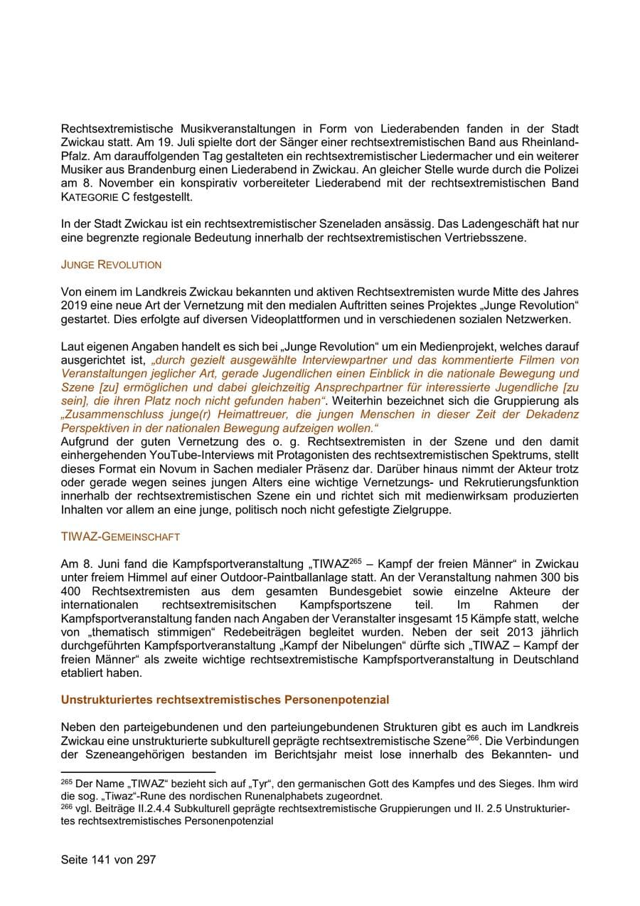Seite 141 des Verfassungsschutzbericht 2019 Sachsen