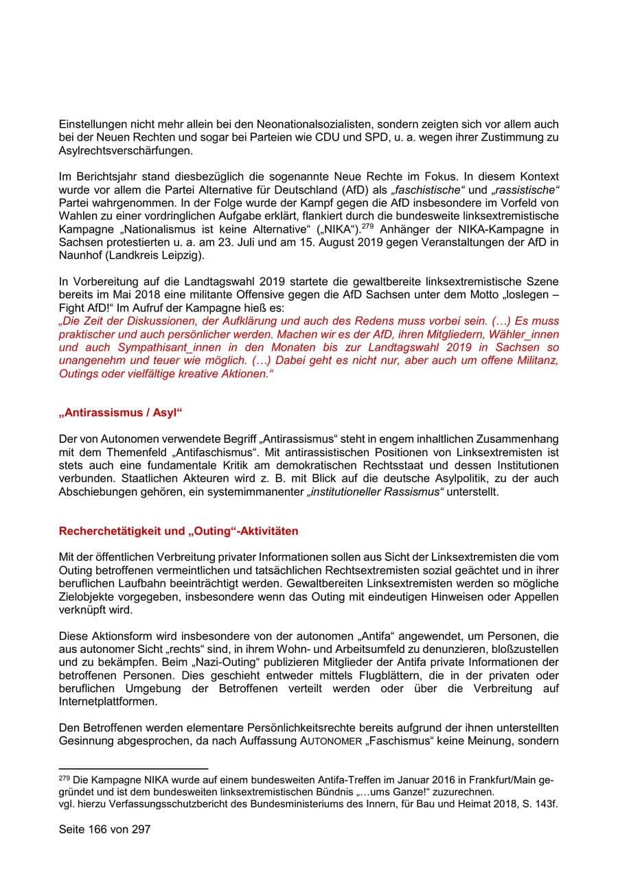 Seite 166 des Verfassungsschutzbericht 2019 Sachsen