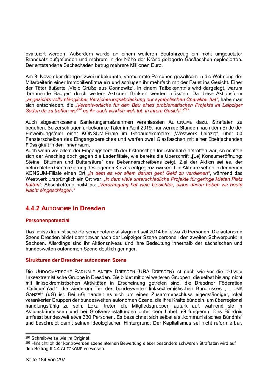 Seite 184 des Verfassungsschutzbericht 2019 Sachsen