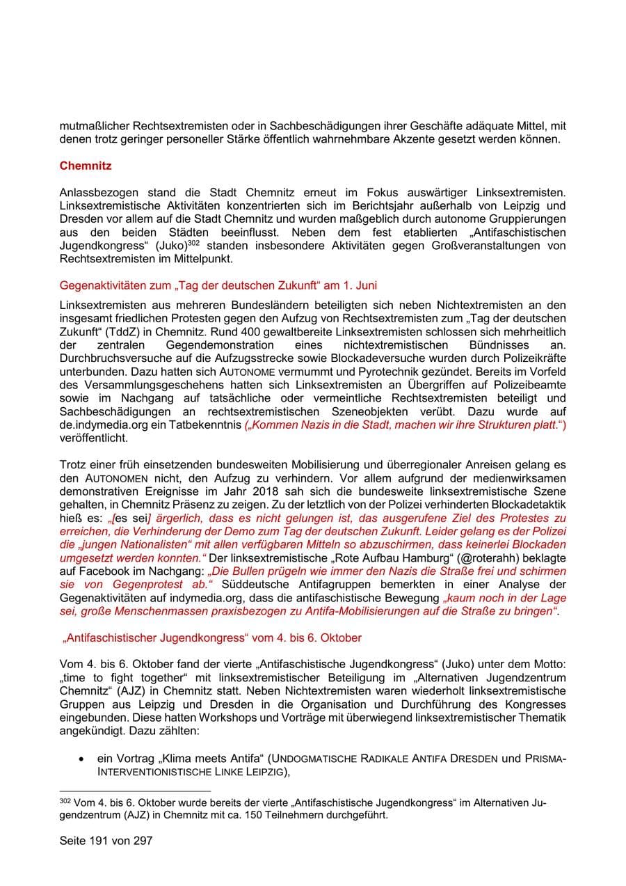 Seite 191 des Verfassungsschutzbericht 2019 Sachsen