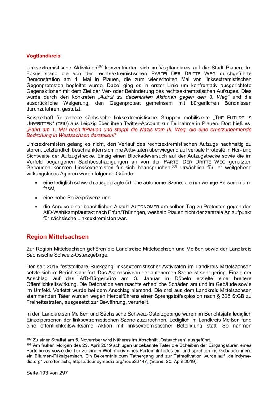 Seite 193 des Verfassungsschutzbericht 2019 Sachsen