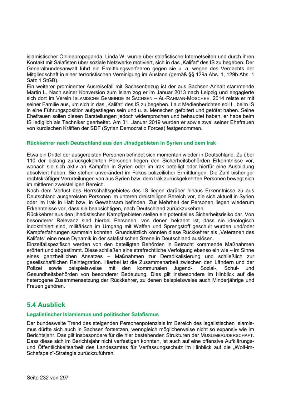 Seite 232 des Verfassungsschutzbericht 2019 Sachsen