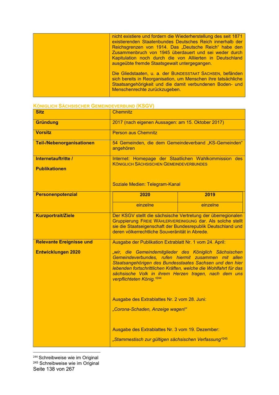 Seite 138 des Verfassungsschutzbericht 2020 Sachsen
