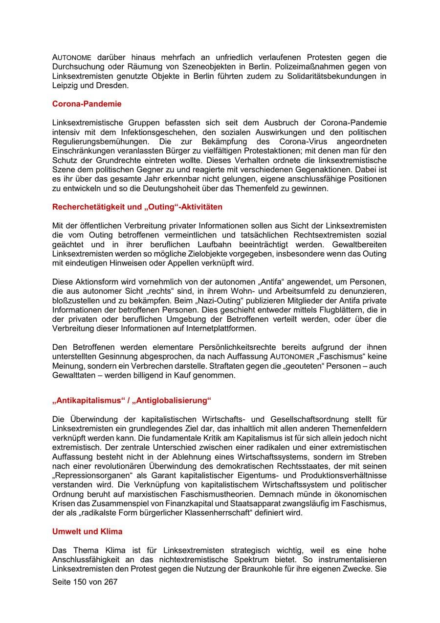Seite 150 des Verfassungsschutzbericht 2020 Sachsen