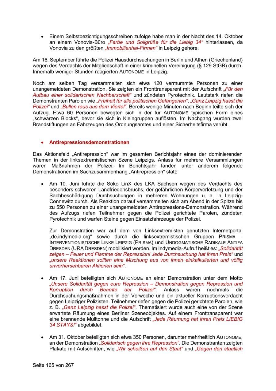 Seite 165 des Verfassungsschutzbericht 2020 Sachsen