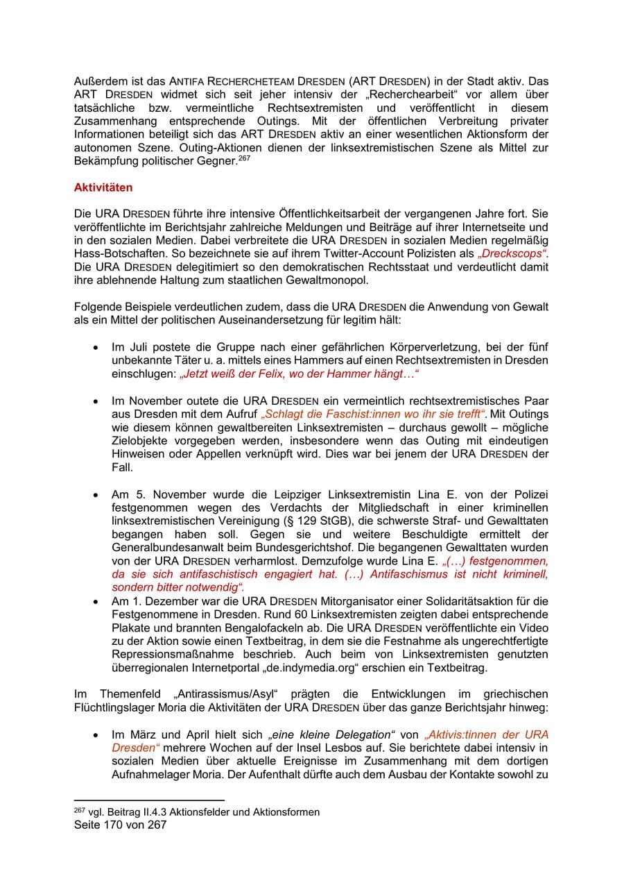 Seite 170 des Verfassungsschutzbericht 2020 Sachsen