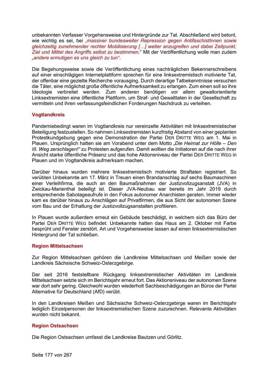 Seite 177 des Verfassungsschutzbericht 2020 Sachsen