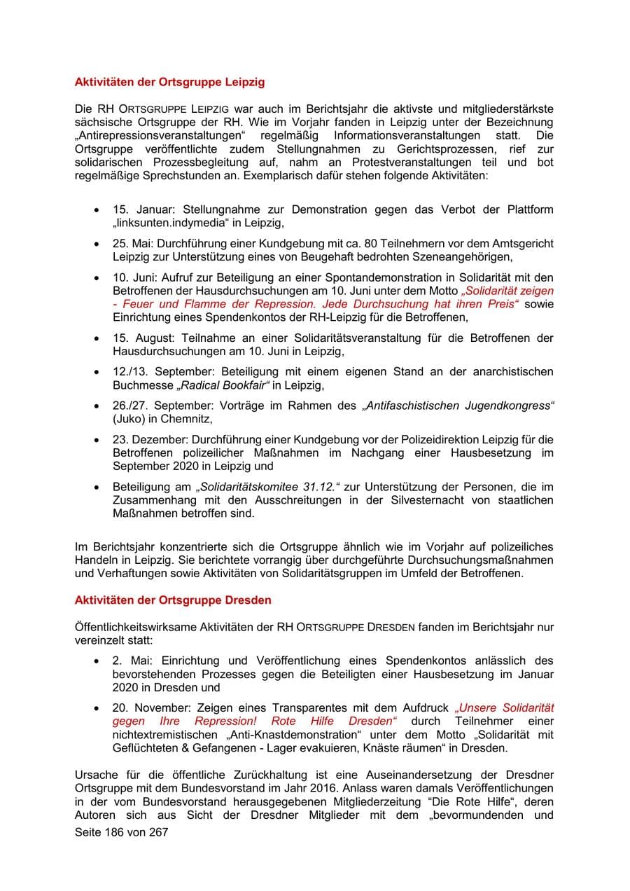 Seite 186 des Verfassungsschutzbericht 2020 Sachsen