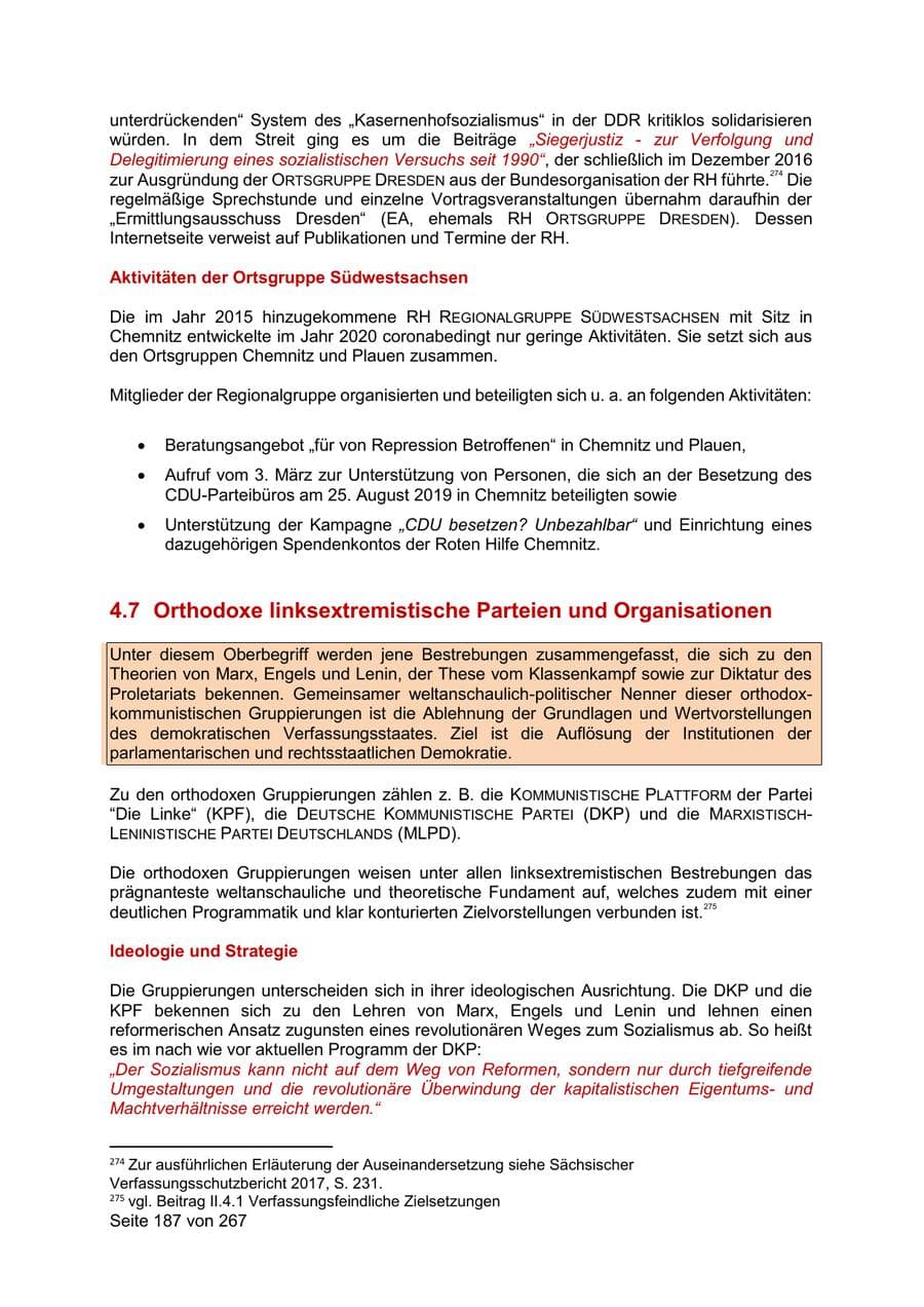 Seite 187 des Verfassungsschutzbericht 2020 Sachsen