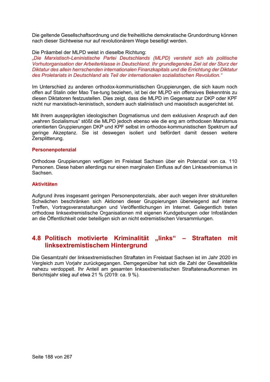 Seite 188 des Verfassungsschutzbericht 2020 Sachsen