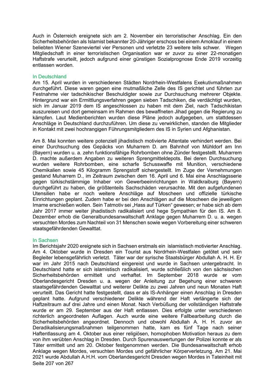 Seite 207 des Verfassungsschutzbericht 2020 Sachsen
