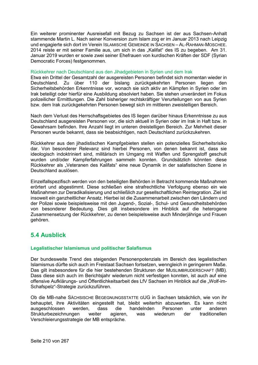 Seite 210 des Verfassungsschutzbericht 2020 Sachsen