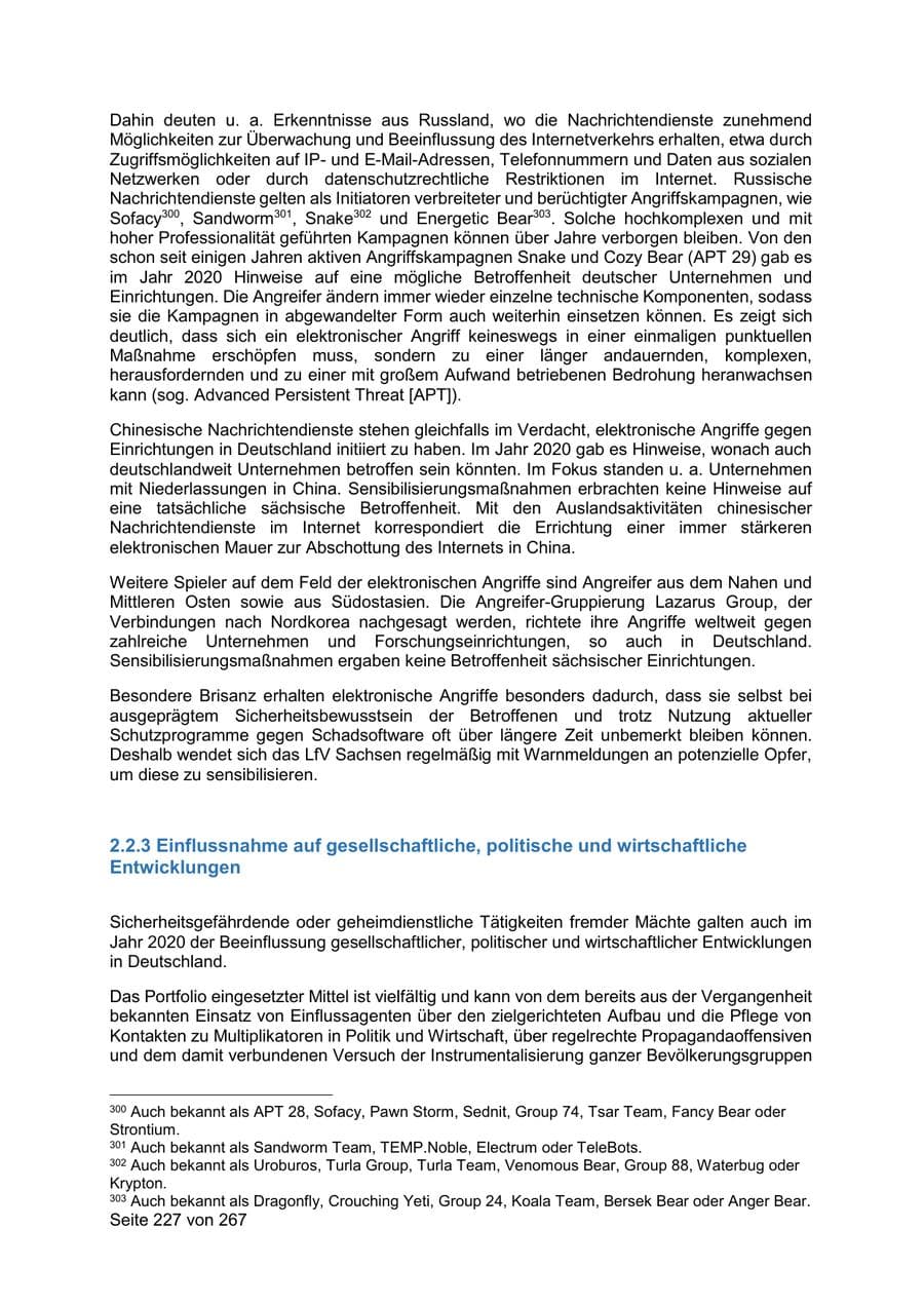 Seite 227 des Verfassungsschutzbericht 2020 Sachsen