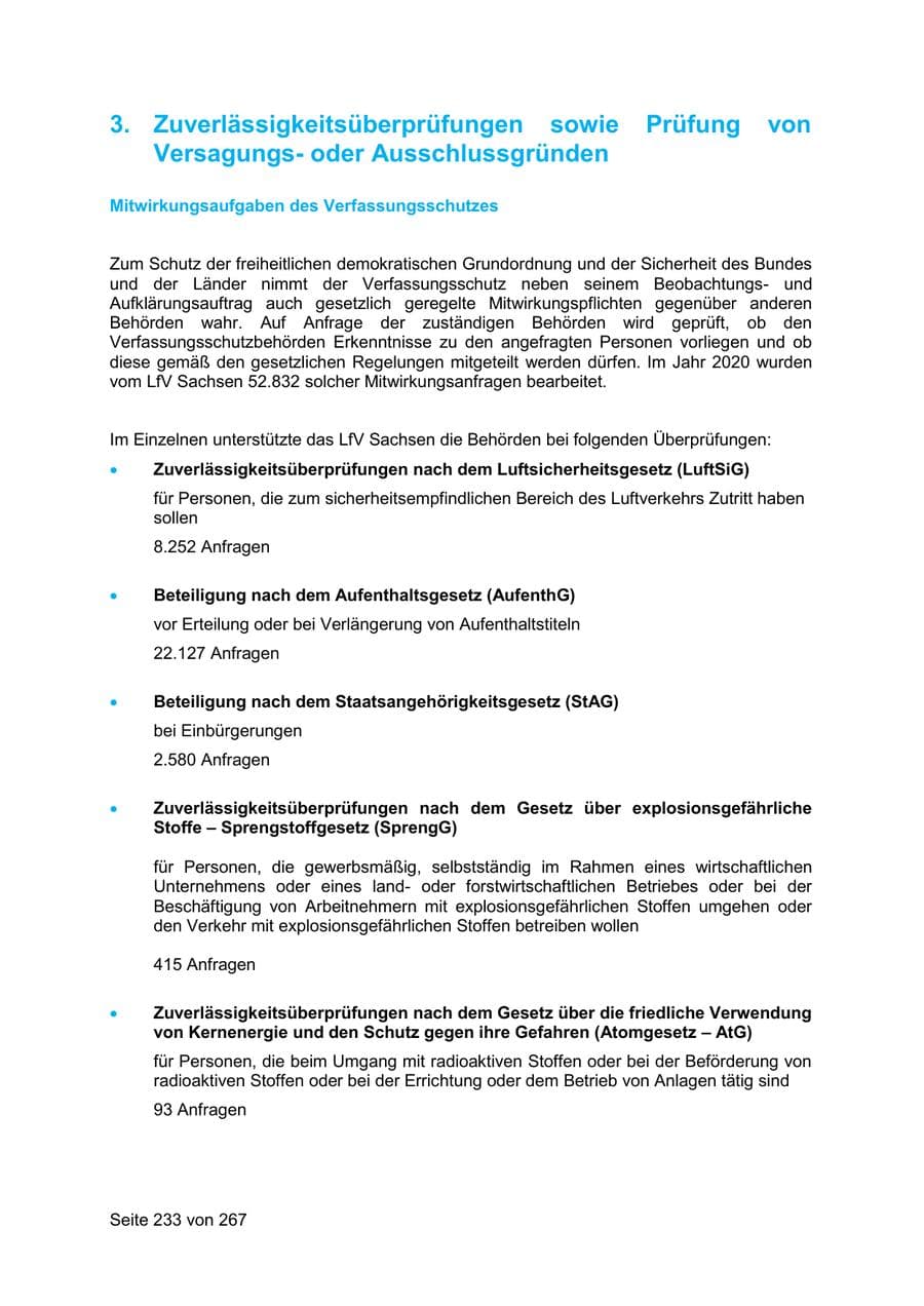 Seite 233 des Verfassungsschutzbericht 2020 Sachsen
