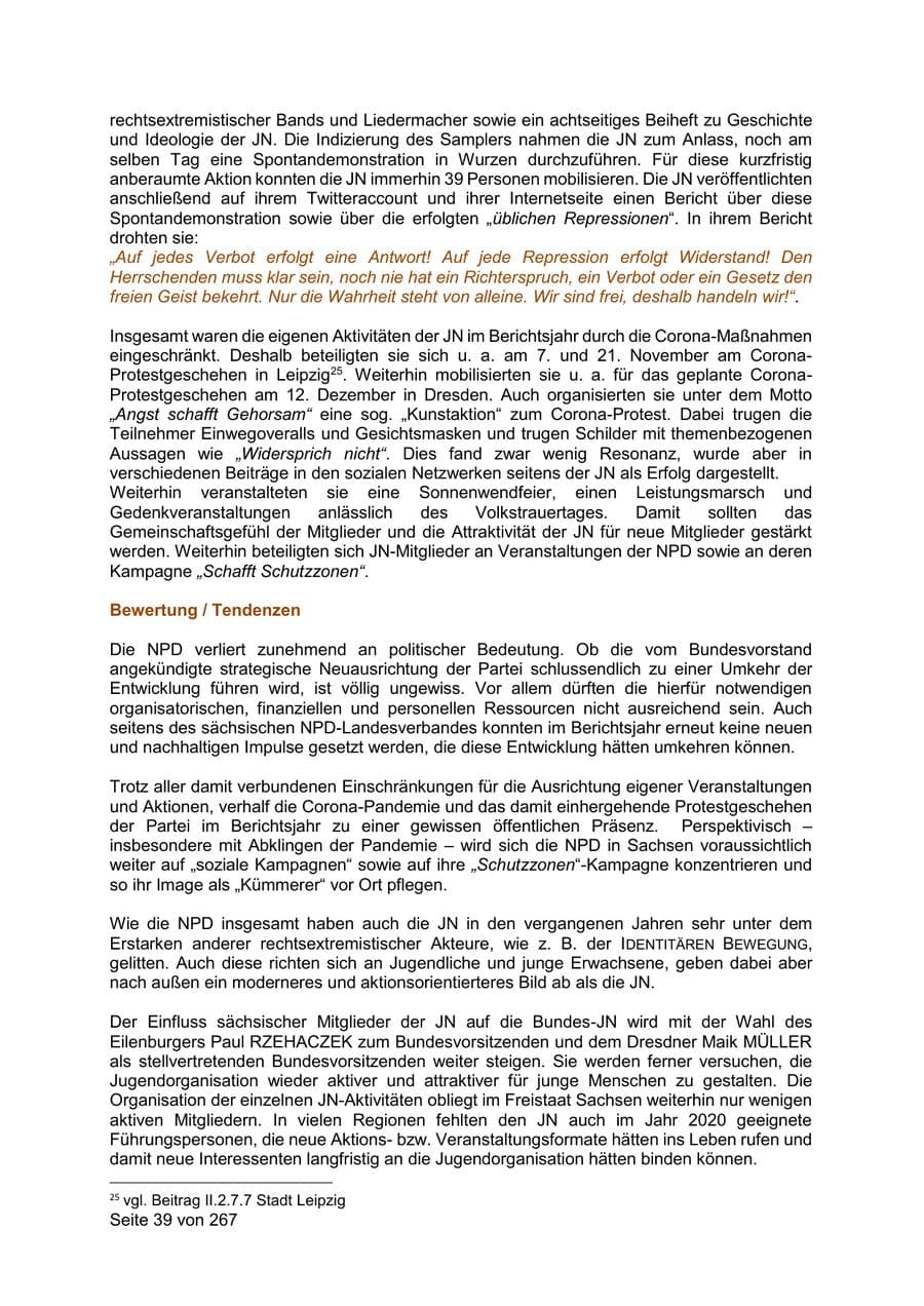 Seite 39 des Verfassungsschutzbericht 2020 Sachsen