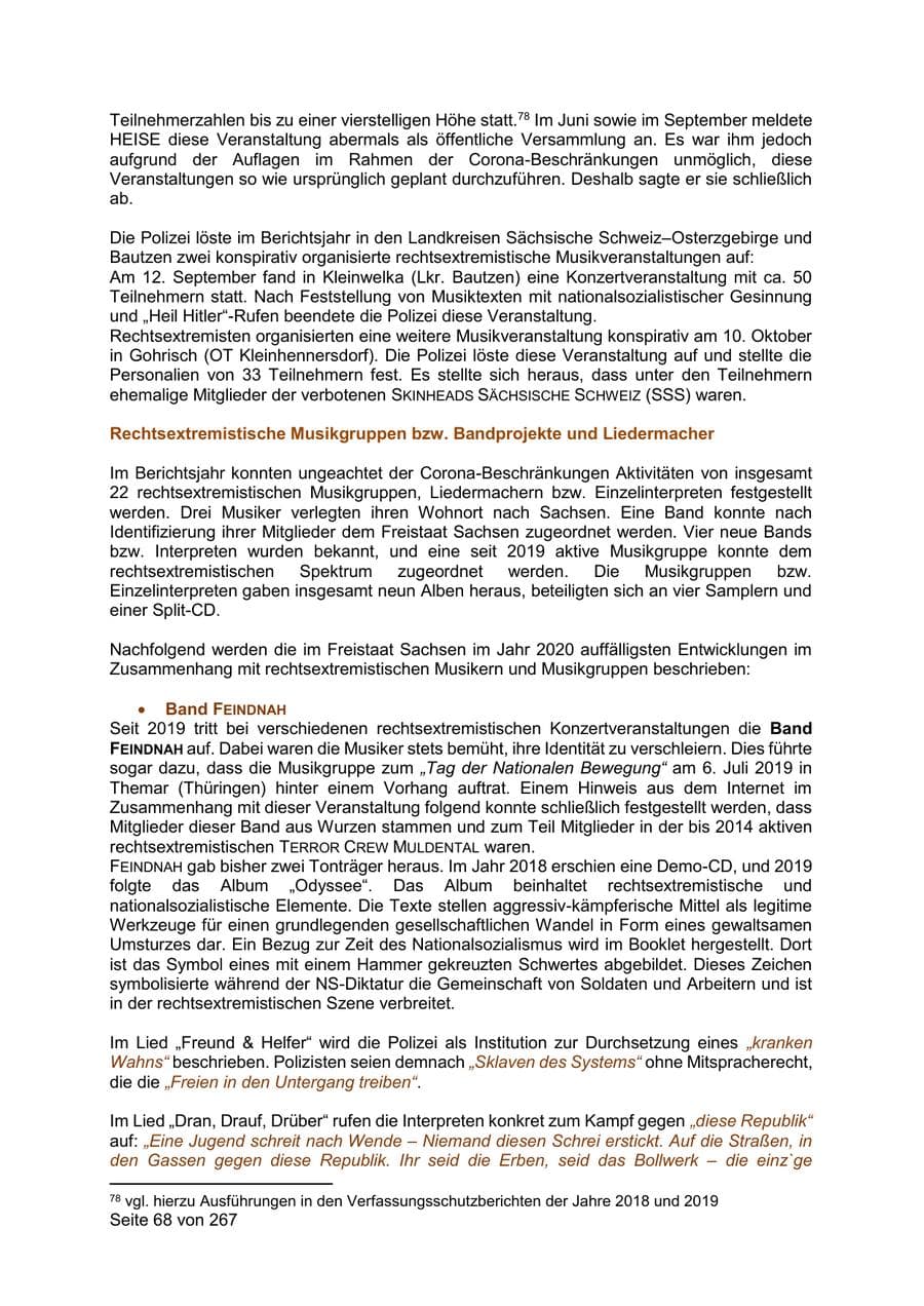 Seite 68 des Verfassungsschutzbericht 2020 Sachsen