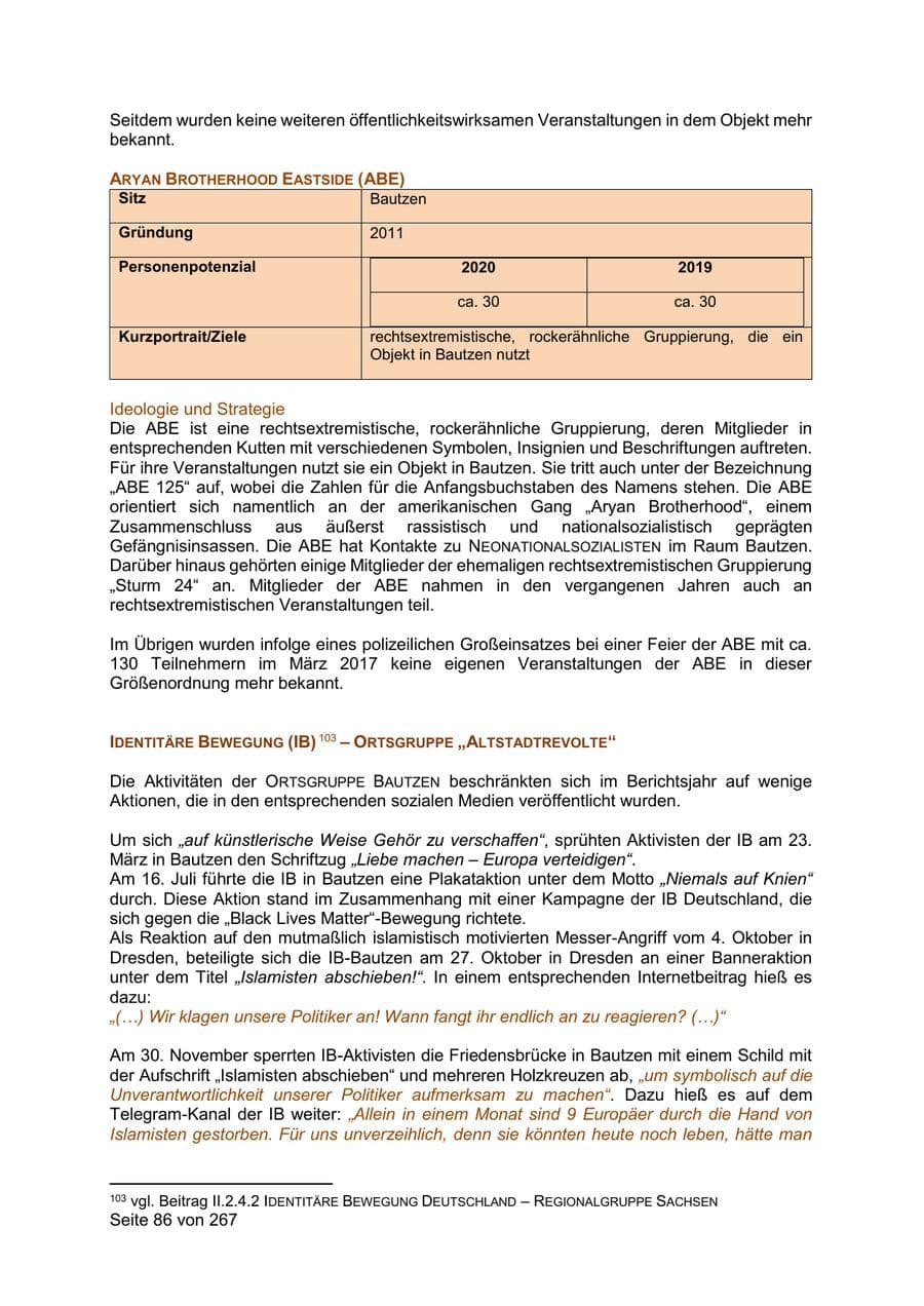 Seite 86 des Verfassungsschutzbericht 2020 Sachsen