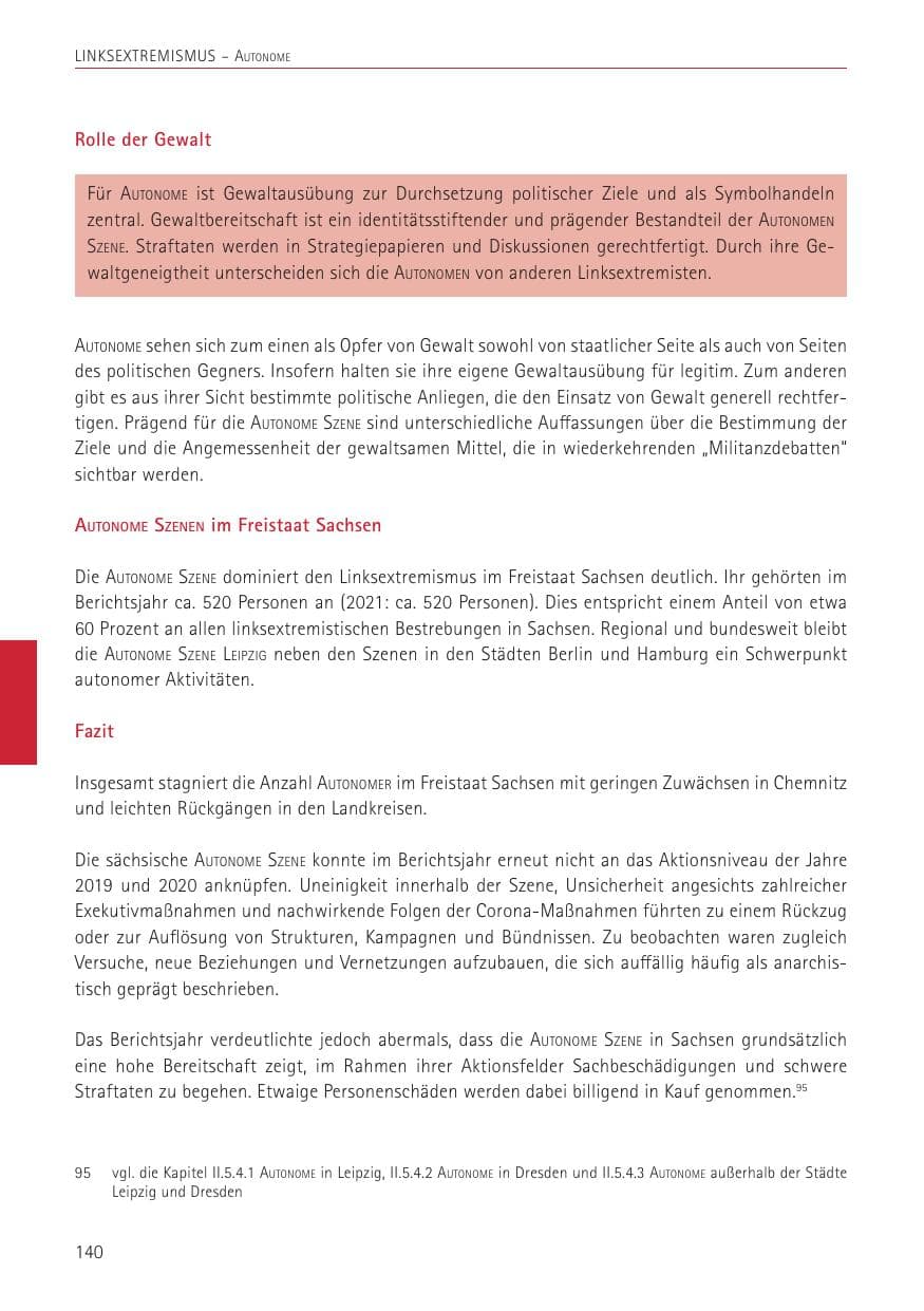 Seite 140 des Verfassungsschutzbericht 2022 Sachsen