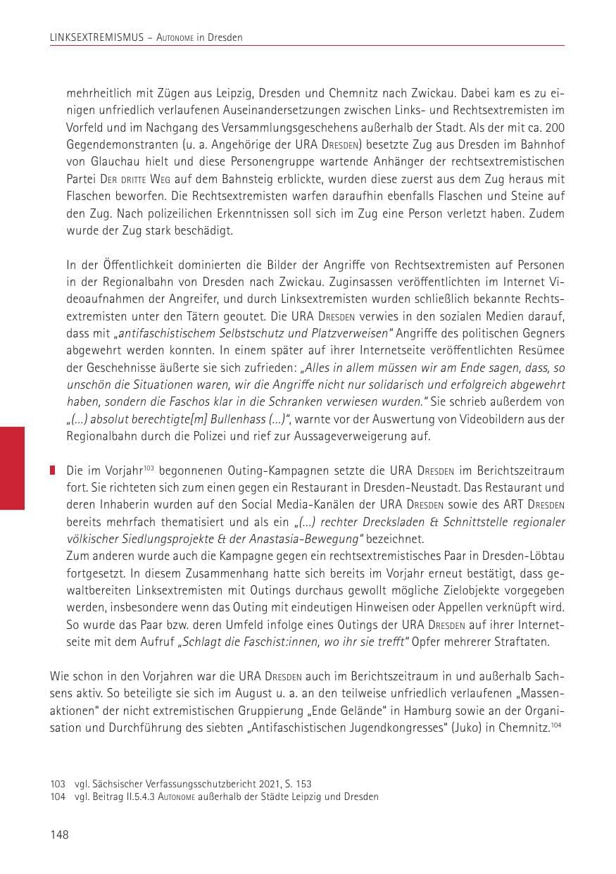 Seite 148 des Verfassungsschutzbericht 2022 Sachsen