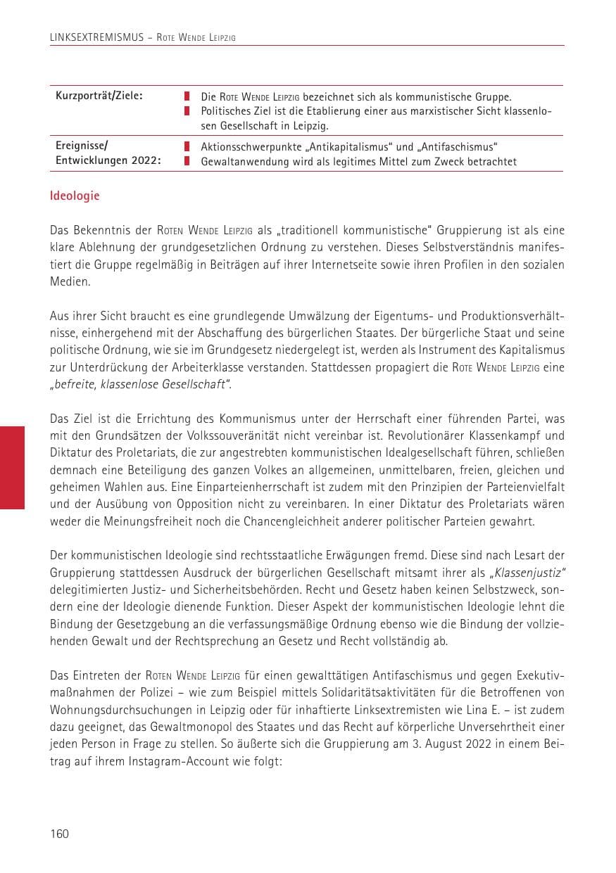 Seite 160 des Verfassungsschutzbericht 2022 Sachsen