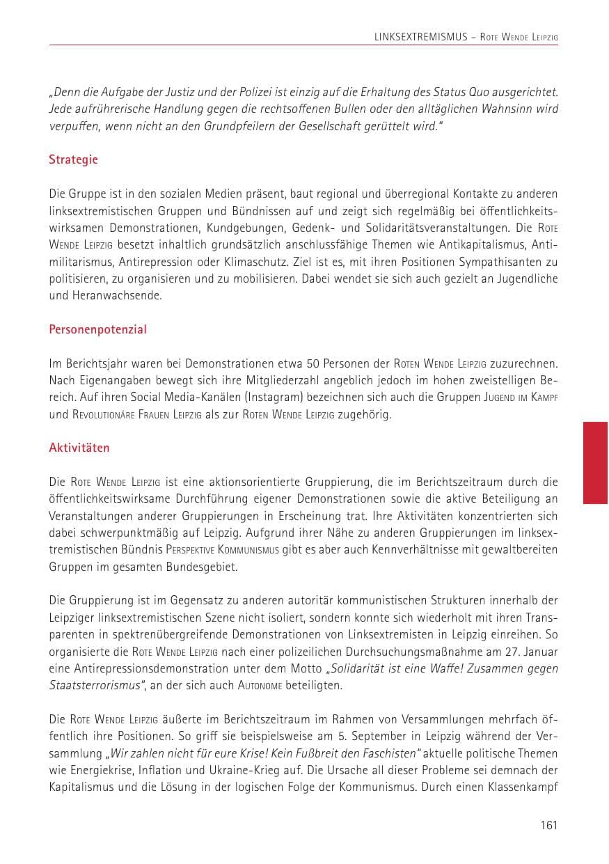 Seite 161 des Verfassungsschutzbericht 2022 Sachsen