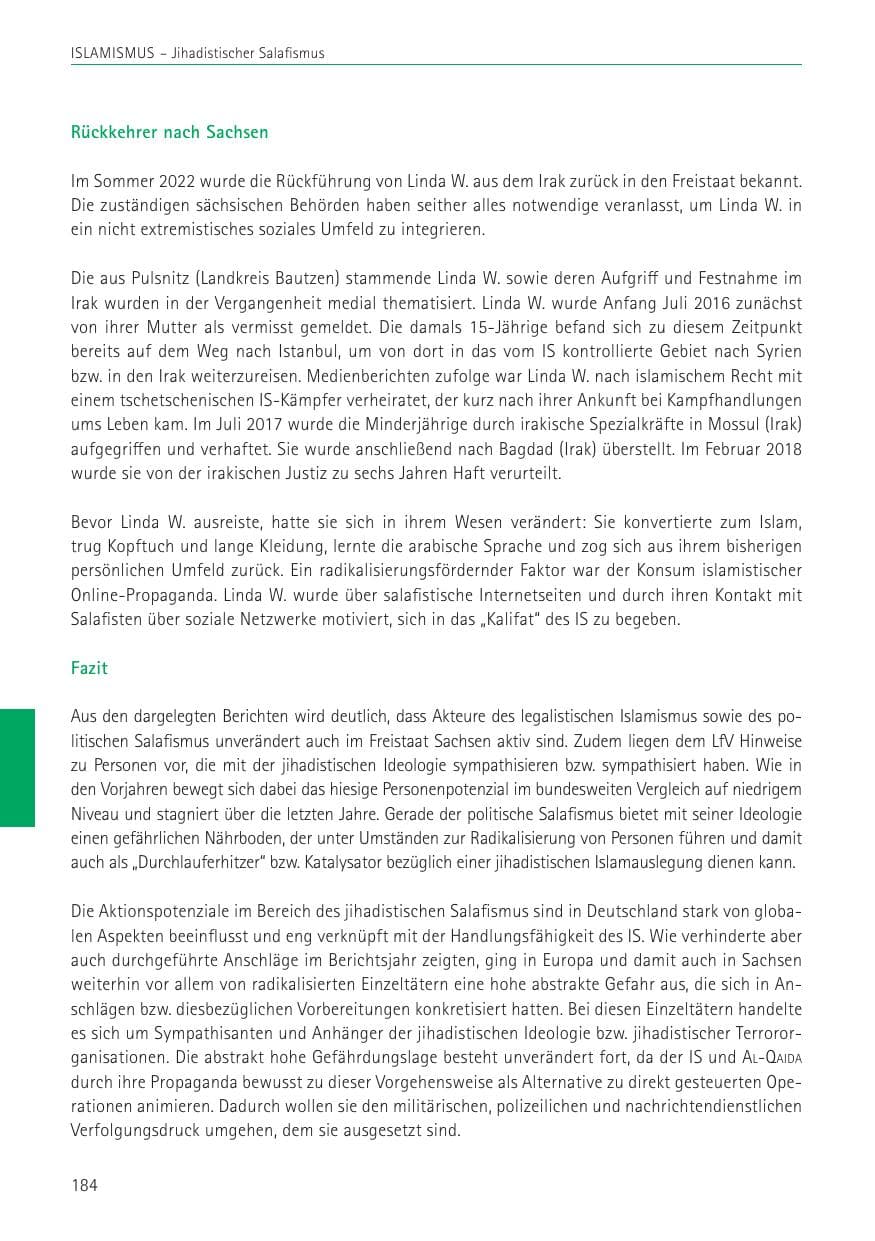 Seite 184 des Verfassungsschutzbericht 2022 Sachsen
