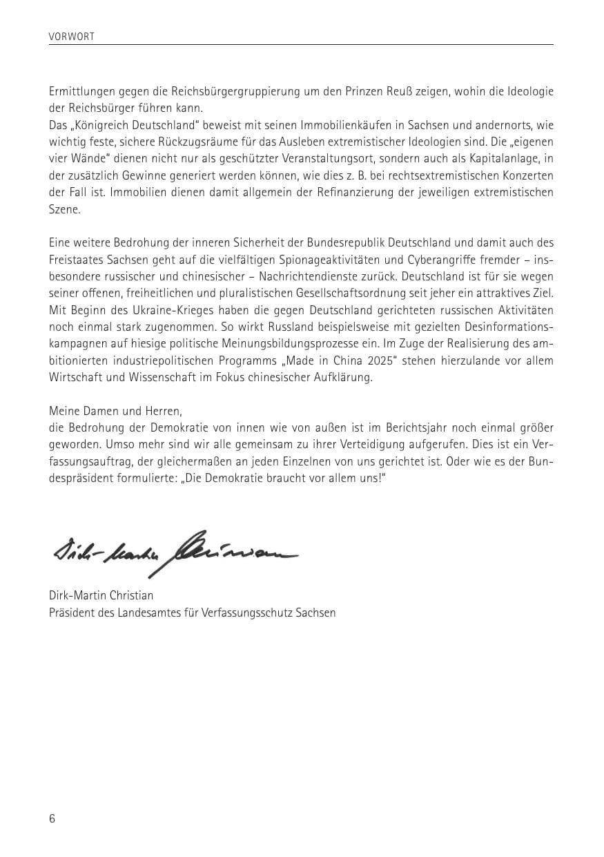 Seite 6 des Verfassungsschutzbericht 2022 Sachsen