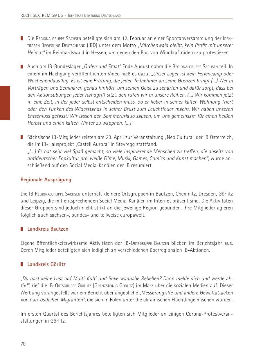 Seite 70 des Verfassungsschutzbericht 2022 Sachsen