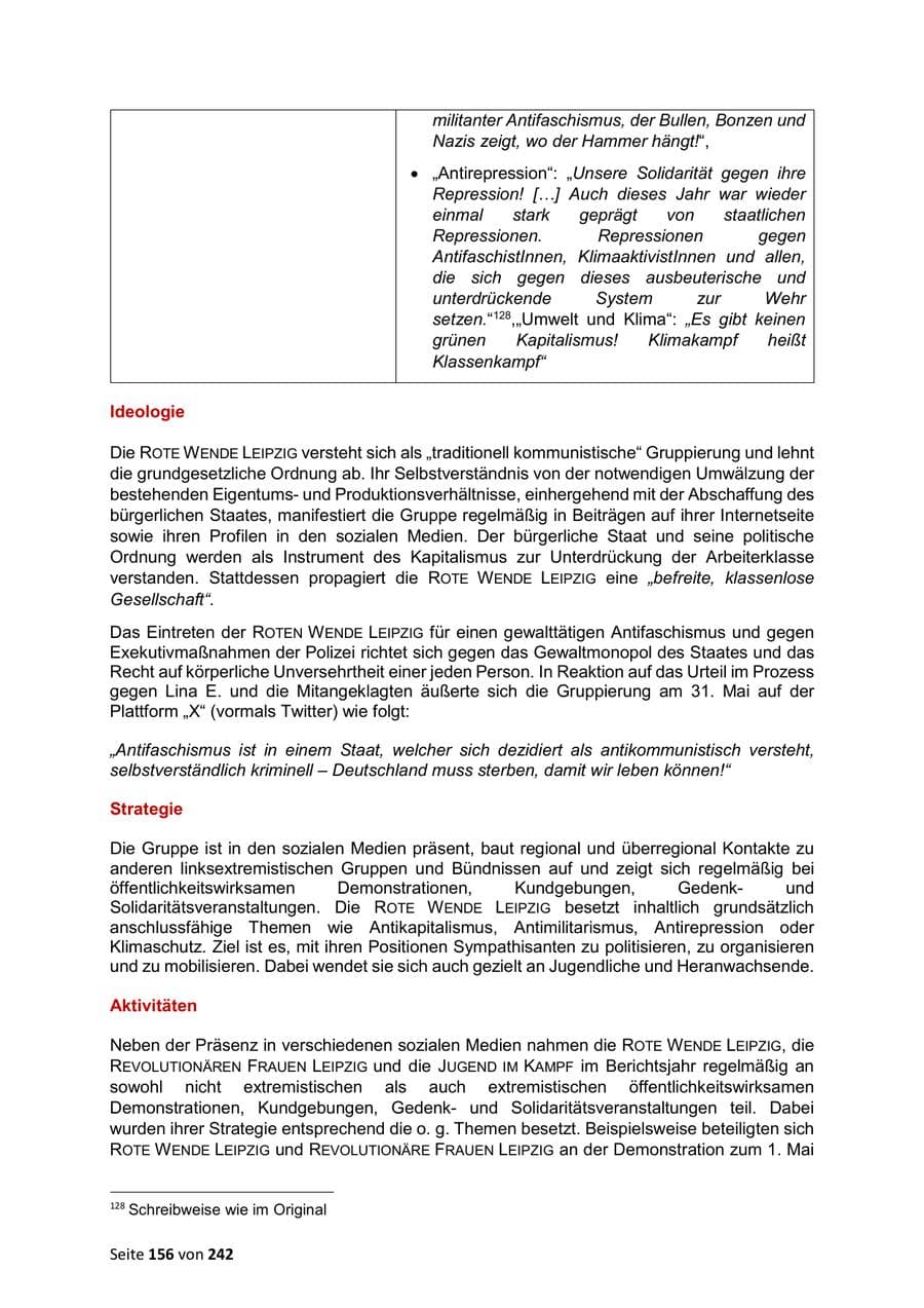 Seite 156 des Verfassungsschutzbericht 2023 Sachsen