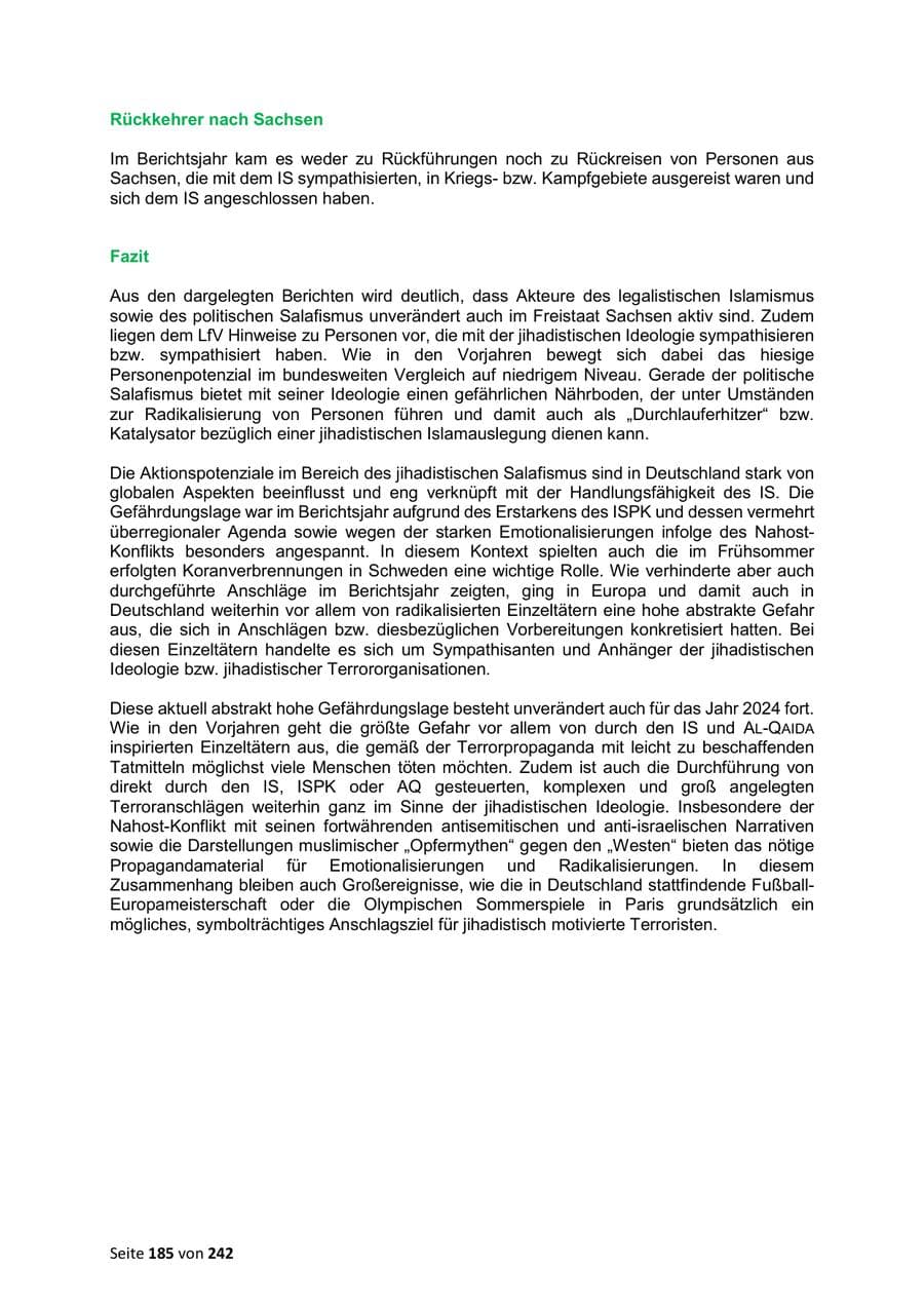 Seite 185 des Verfassungsschutzbericht 2023 Sachsen