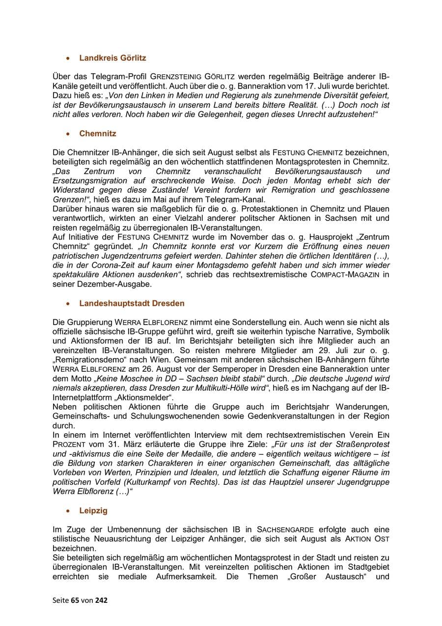 Seite 65 des Verfassungsschutzbericht 2023 Sachsen