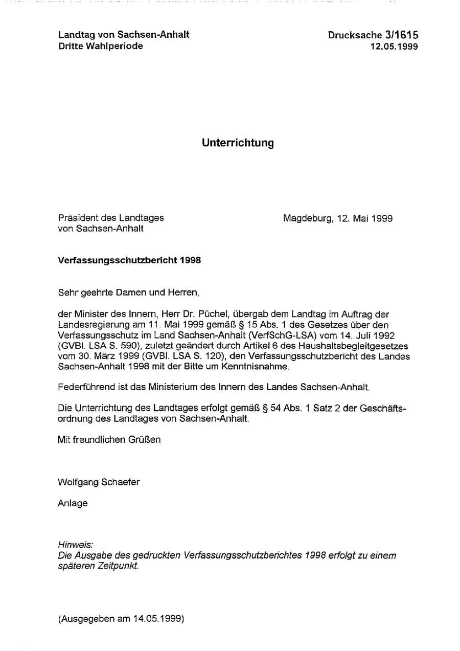 Seite 1 des Verfassungsschutzbericht 1998 Sachsen-Anhalt