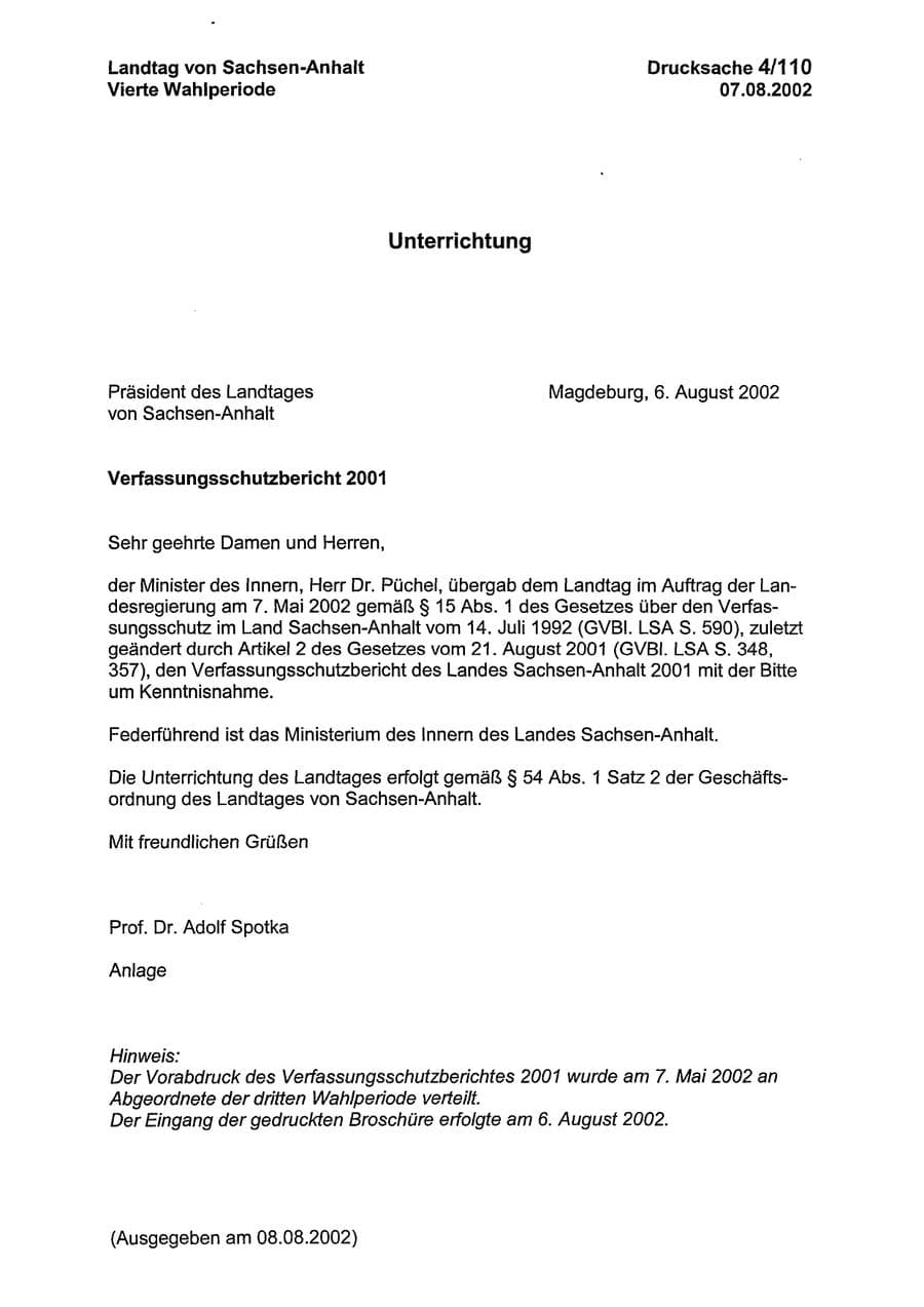 Seite 1 des Verfassungsschutzbericht 2001 Sachsen-Anhalt