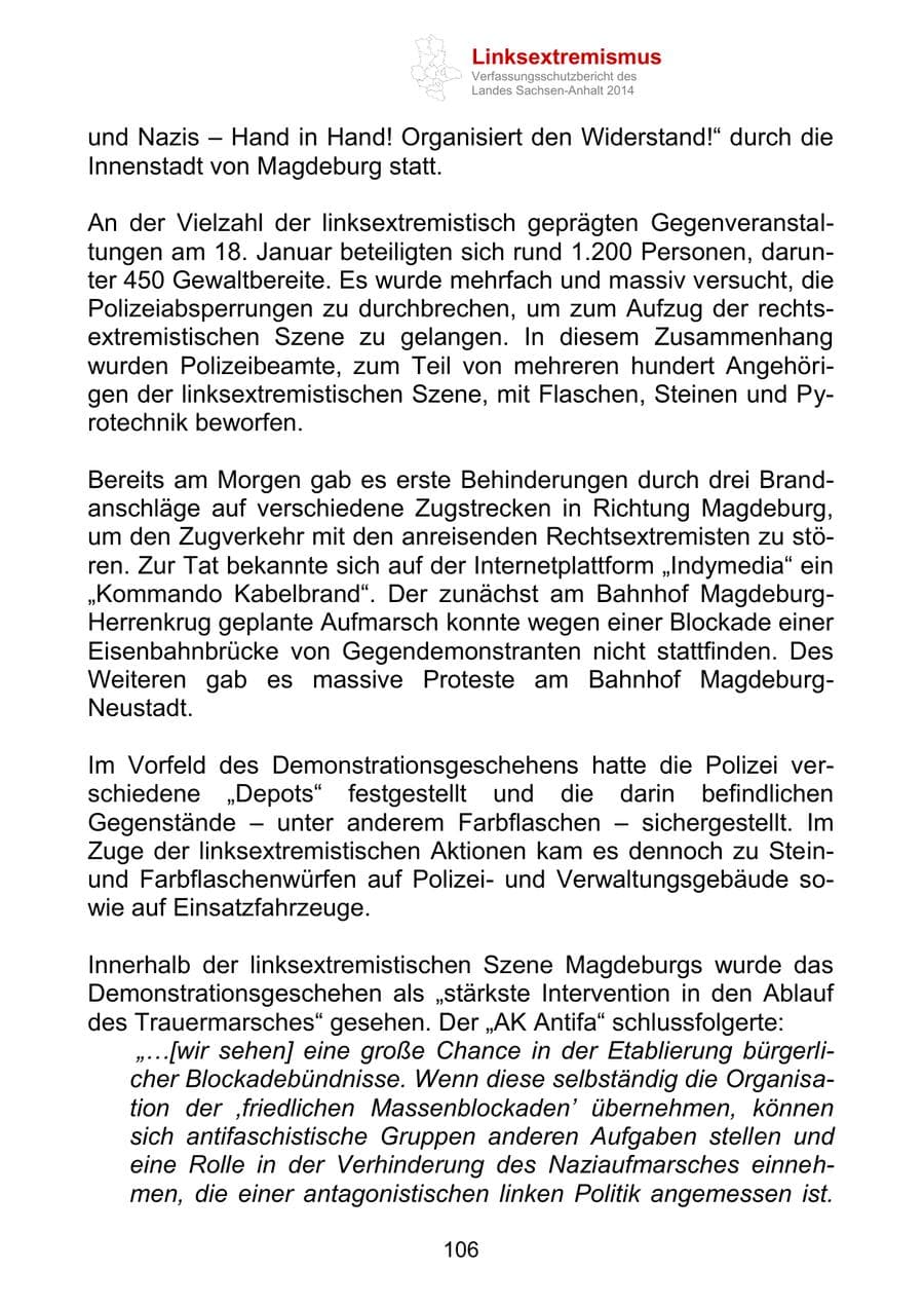 Seite 106 des Verfassungsschutzbericht 2014 Sachsen-Anhalt