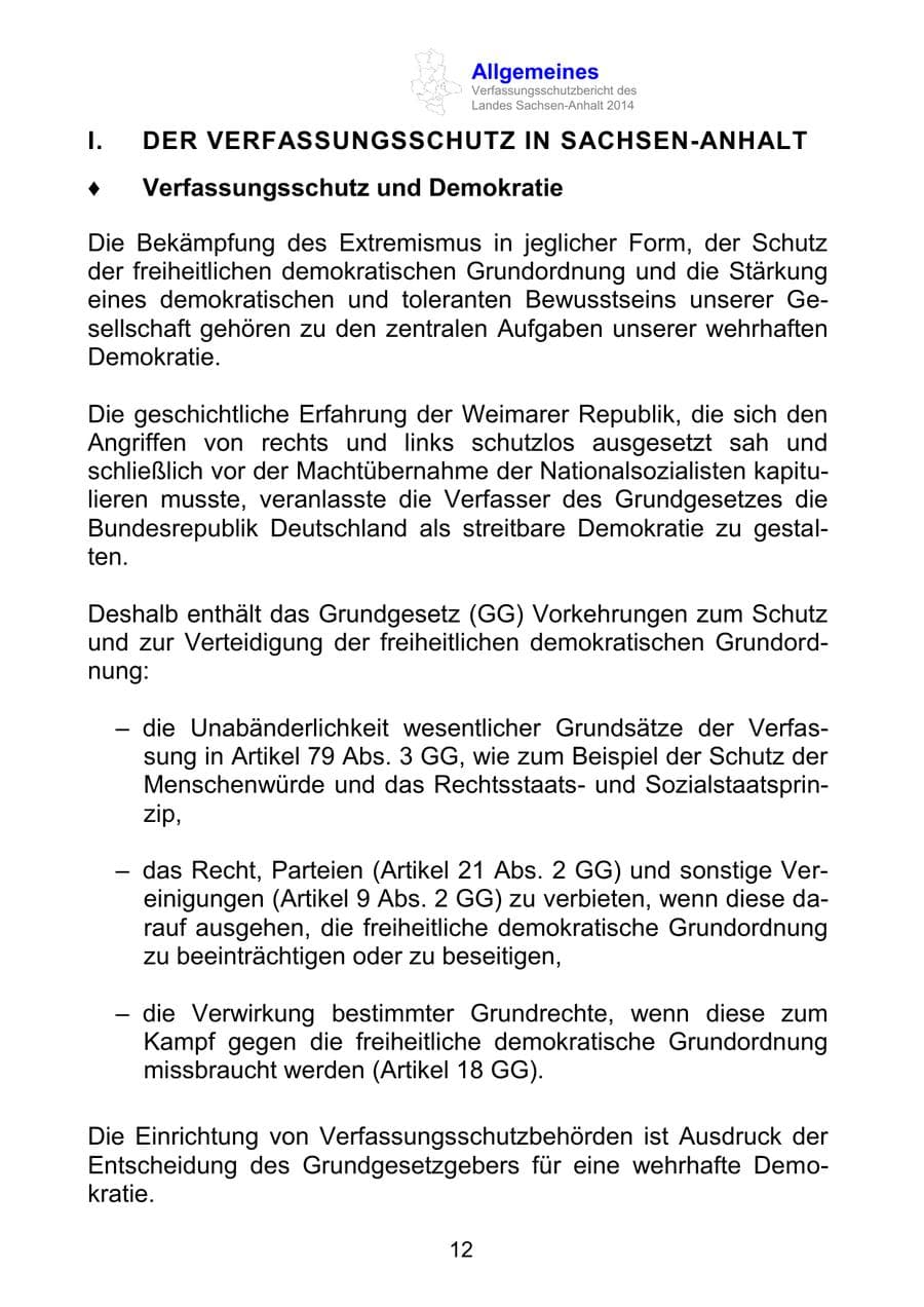 Seite 12 des Verfassungsschutzbericht 2014 Sachsen-Anhalt