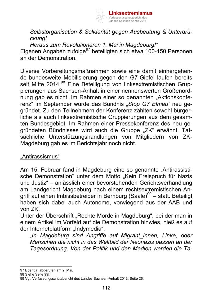 Seite 112 des Verfassungsschutzbericht 2014 Sachsen-Anhalt