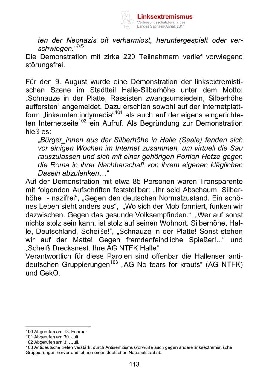 Seite 113 des Verfassungsschutzbericht 2014 Sachsen-Anhalt