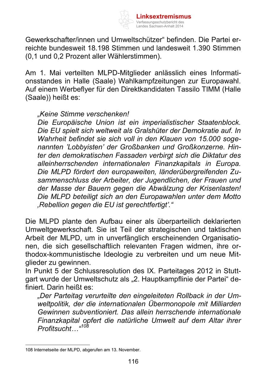 Seite 116 des Verfassungsschutzbericht 2014 Sachsen-Anhalt
