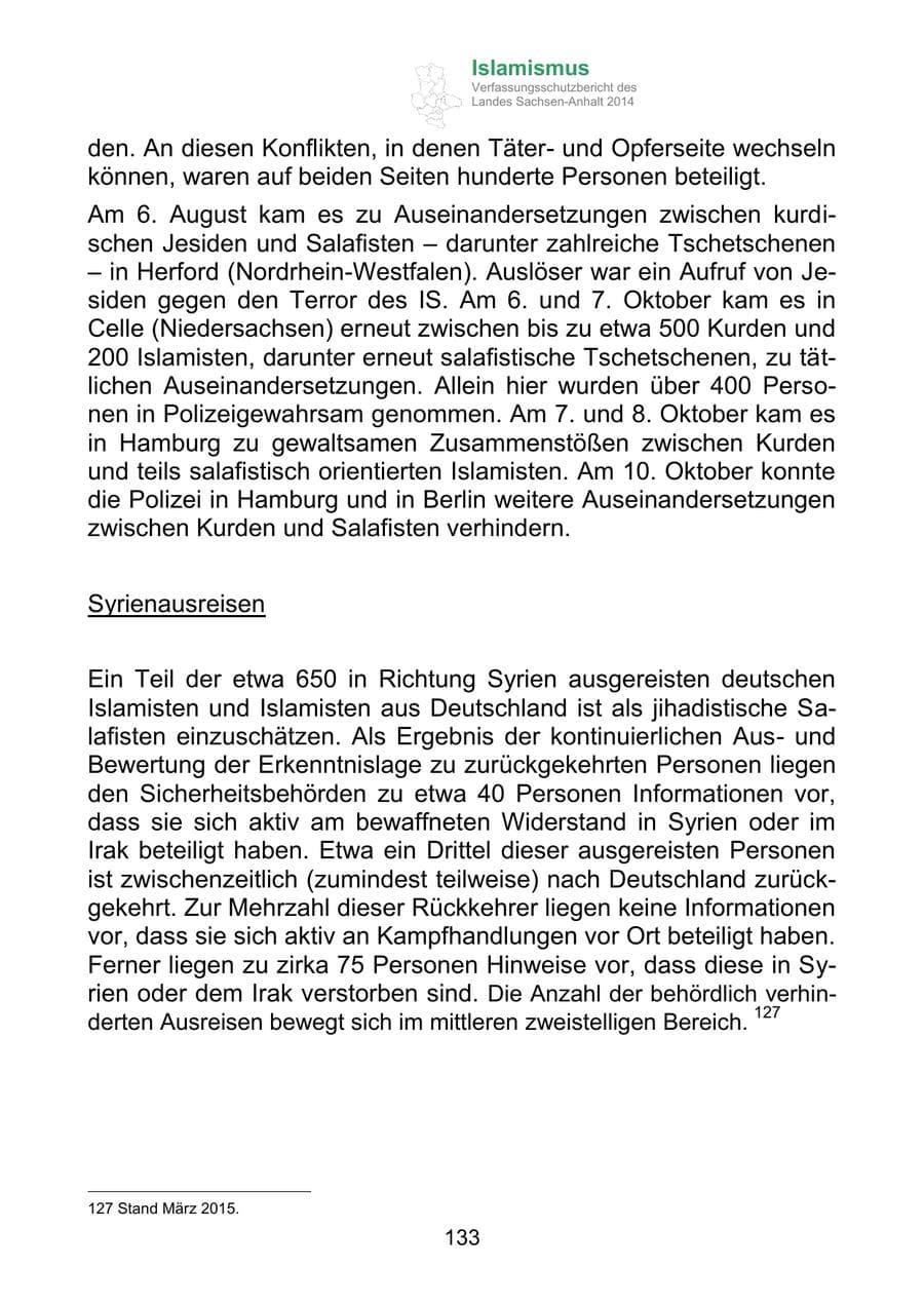 Seite 133 des Verfassungsschutzbericht 2014 Sachsen-Anhalt