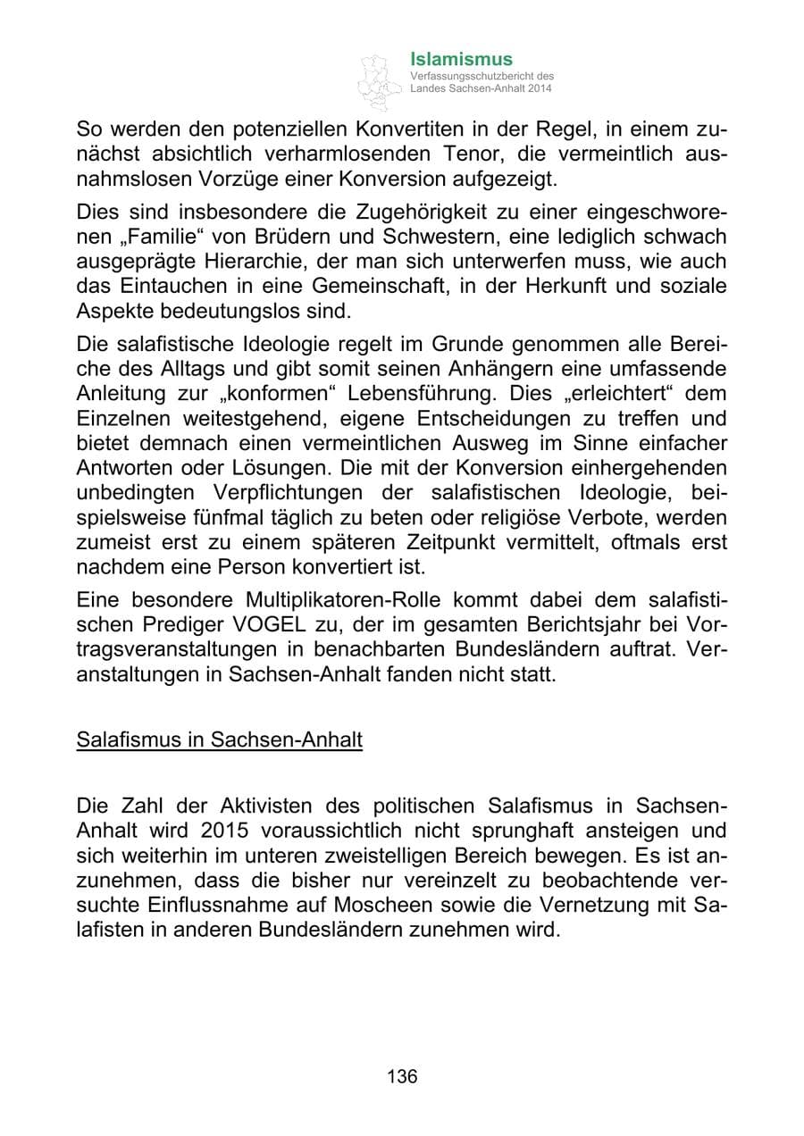 Seite 136 des Verfassungsschutzbericht 2014 Sachsen-Anhalt