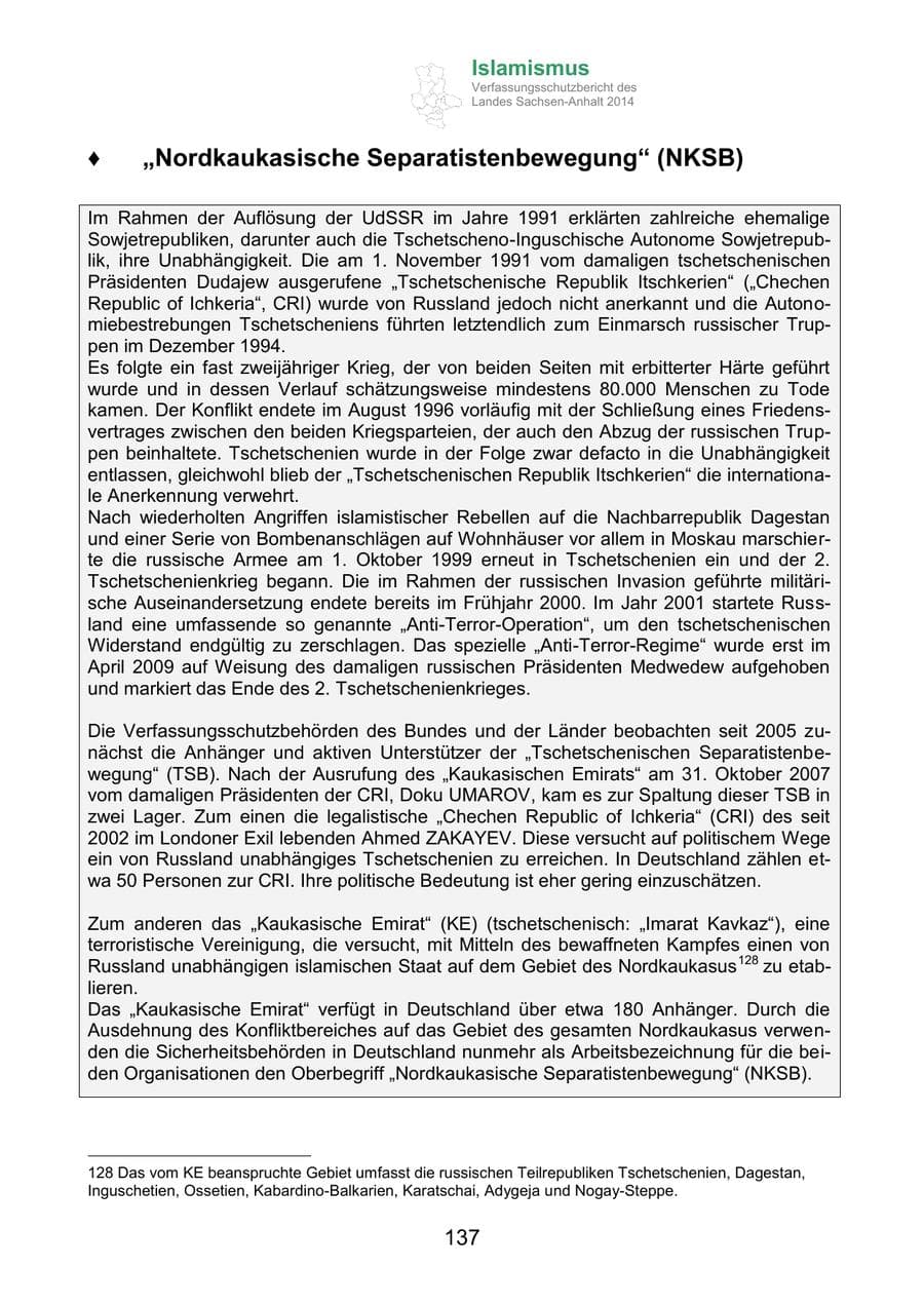 Seite 137 des Verfassungsschutzbericht 2014 Sachsen-Anhalt