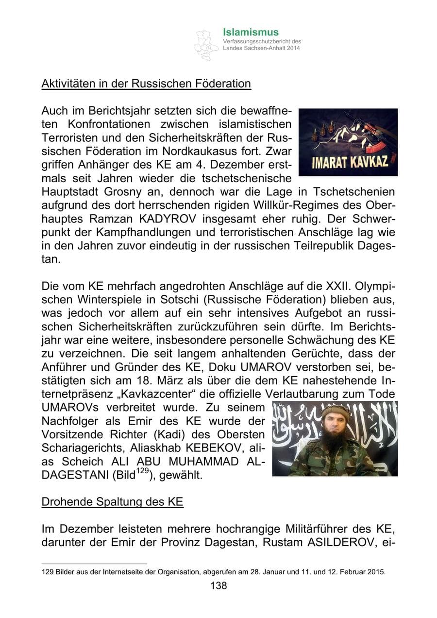 Seite 138 des Verfassungsschutzbericht 2014 Sachsen-Anhalt