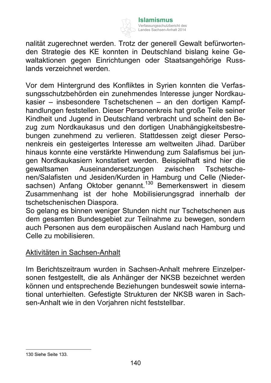 Seite 140 des Verfassungsschutzbericht 2014 Sachsen-Anhalt