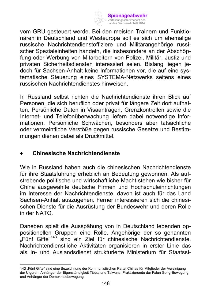 Seite 148 des Verfassungsschutzbericht 2014 Sachsen-Anhalt