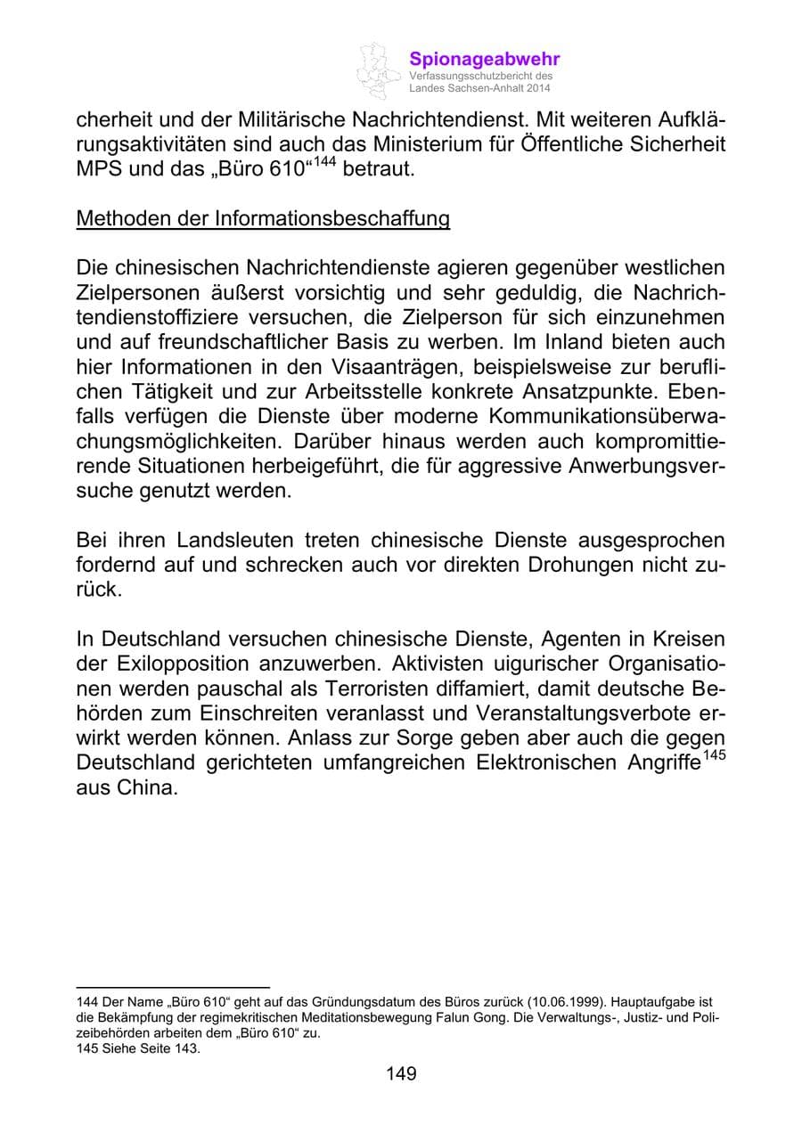 Seite 149 des Verfassungsschutzbericht 2014 Sachsen-Anhalt