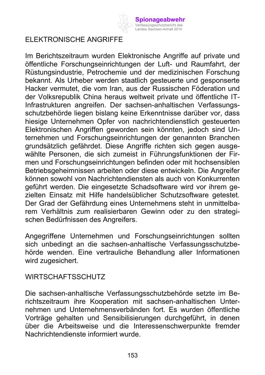 Seite 153 des Verfassungsschutzbericht 2014 Sachsen-Anhalt
